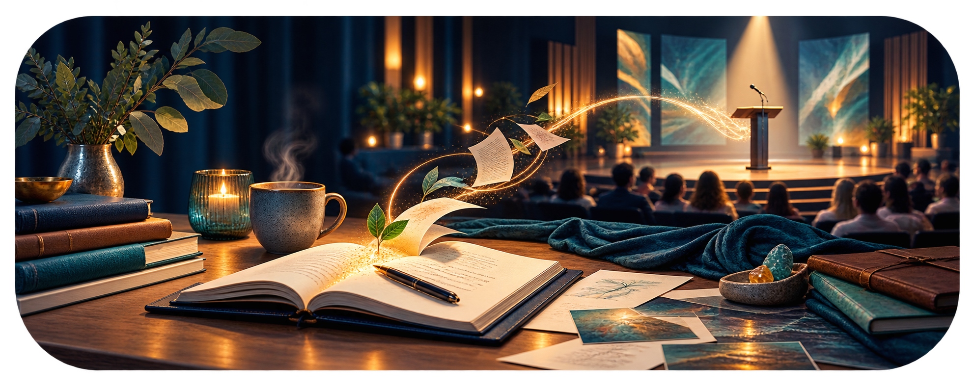 Glowing pages rising toward a podium