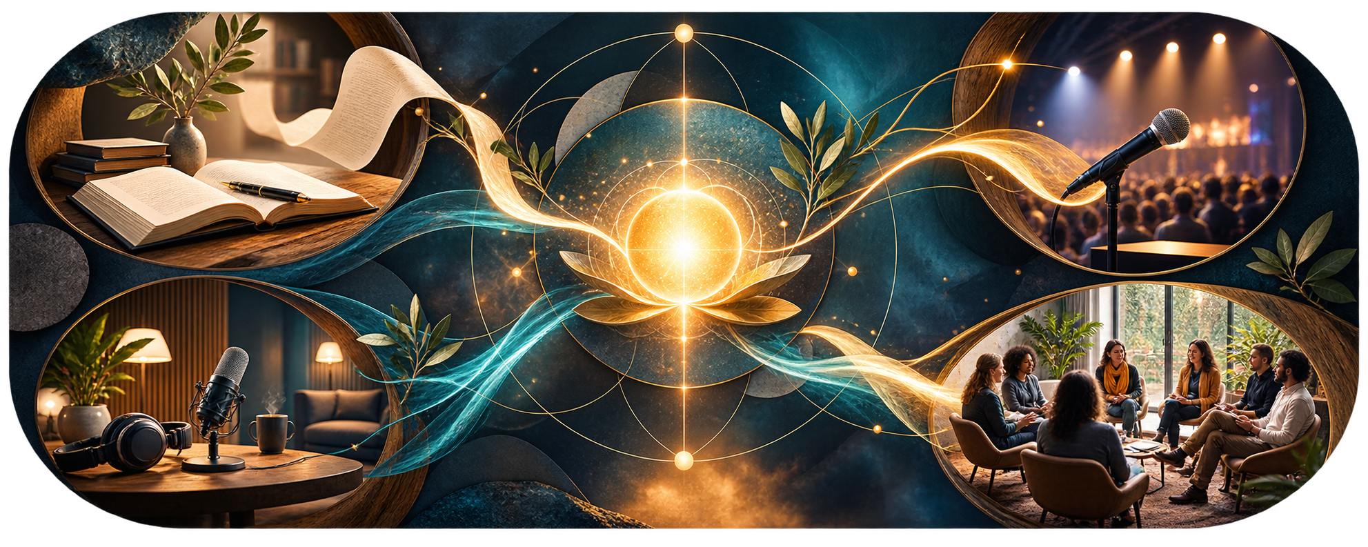 Illustrated collage of sacred geometry and symbols