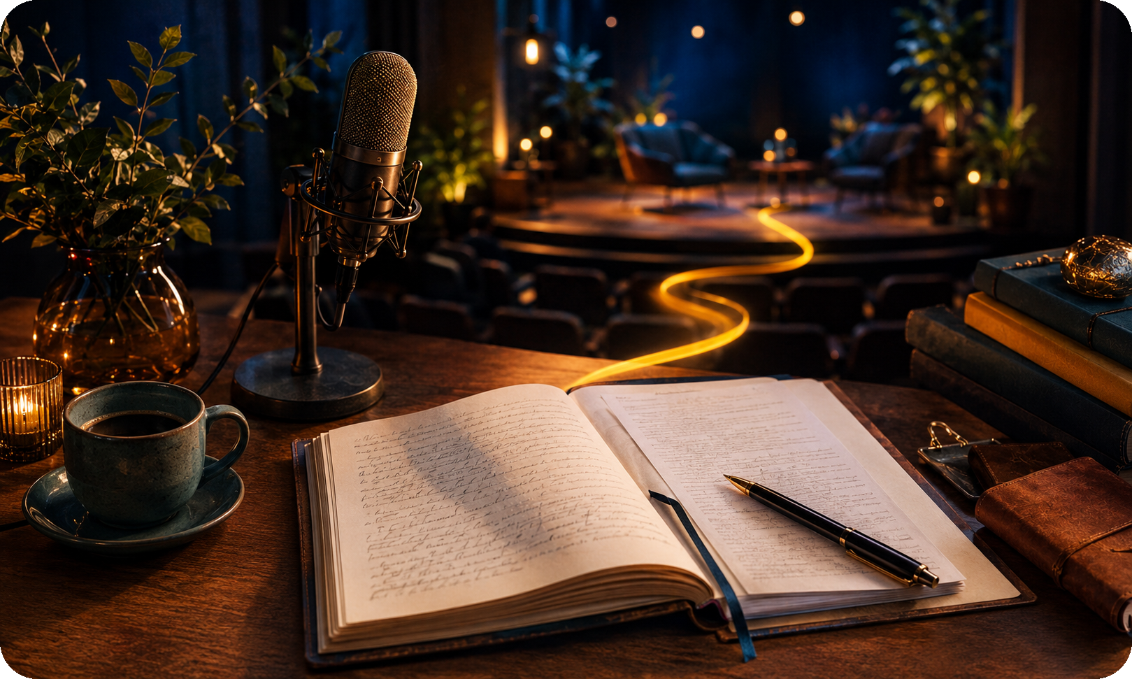 Journal and microphone on a desk