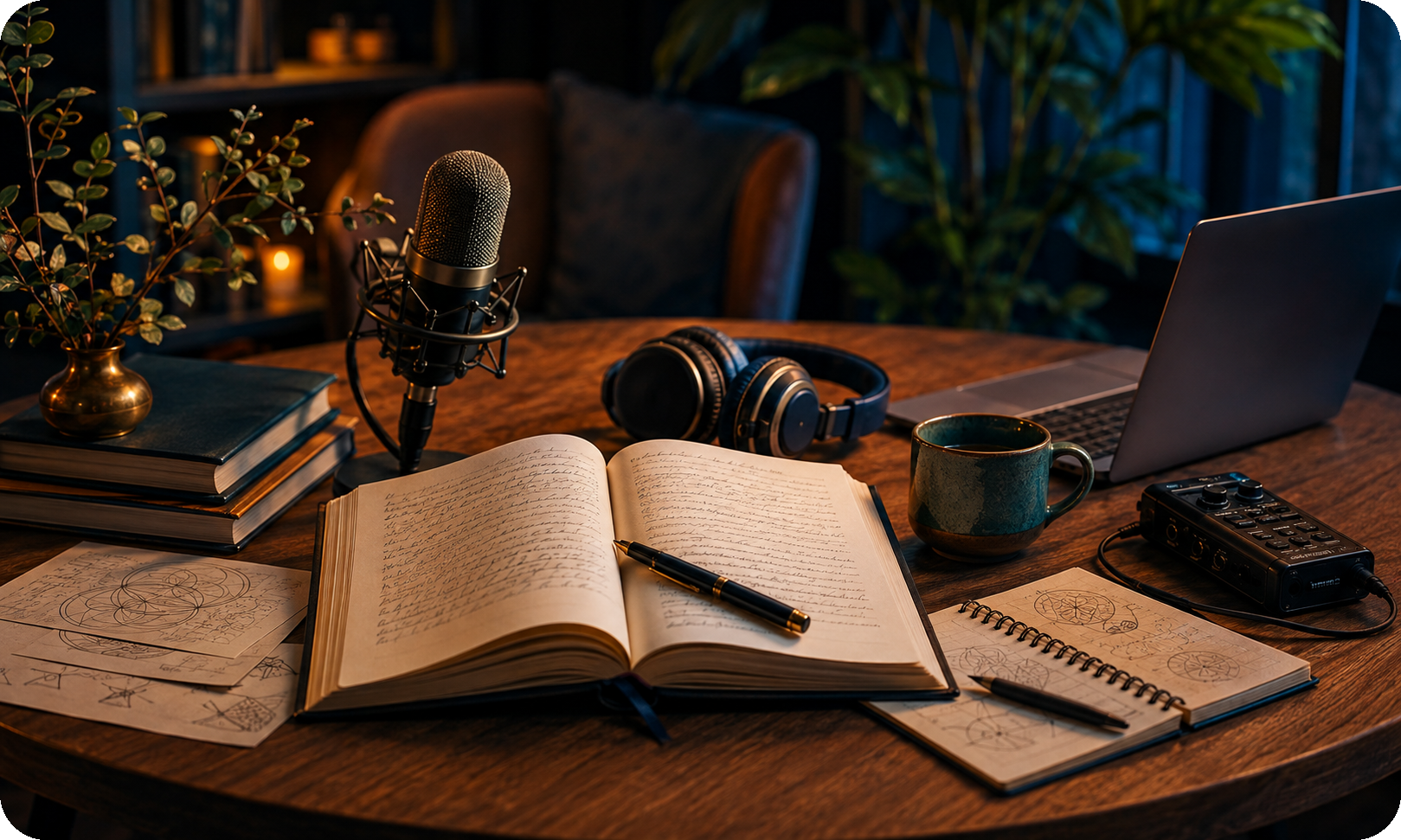 Media workspace with notes and recording gear