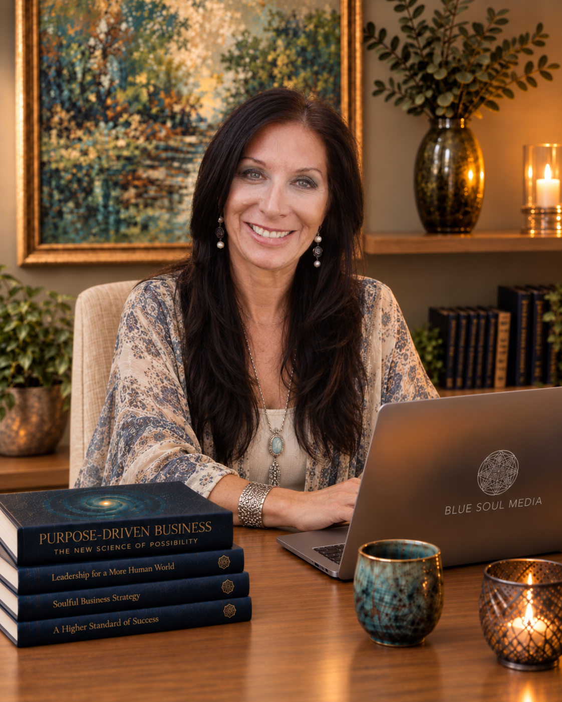 Renee Blodgett, founder of Blue Soul Media, at her desk with her upcoming book Purpose-Driven Business