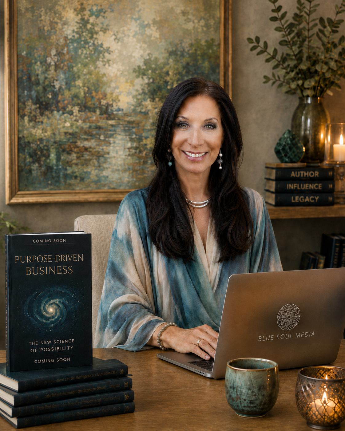 Renee Blodgett, founder of Blue Soul Media, at her desk with her upcoming book Purpose-Driven Business