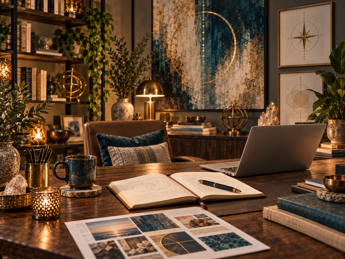 A warm, inviting workspace with a journal, laptop and mood board — where strategy meets soul