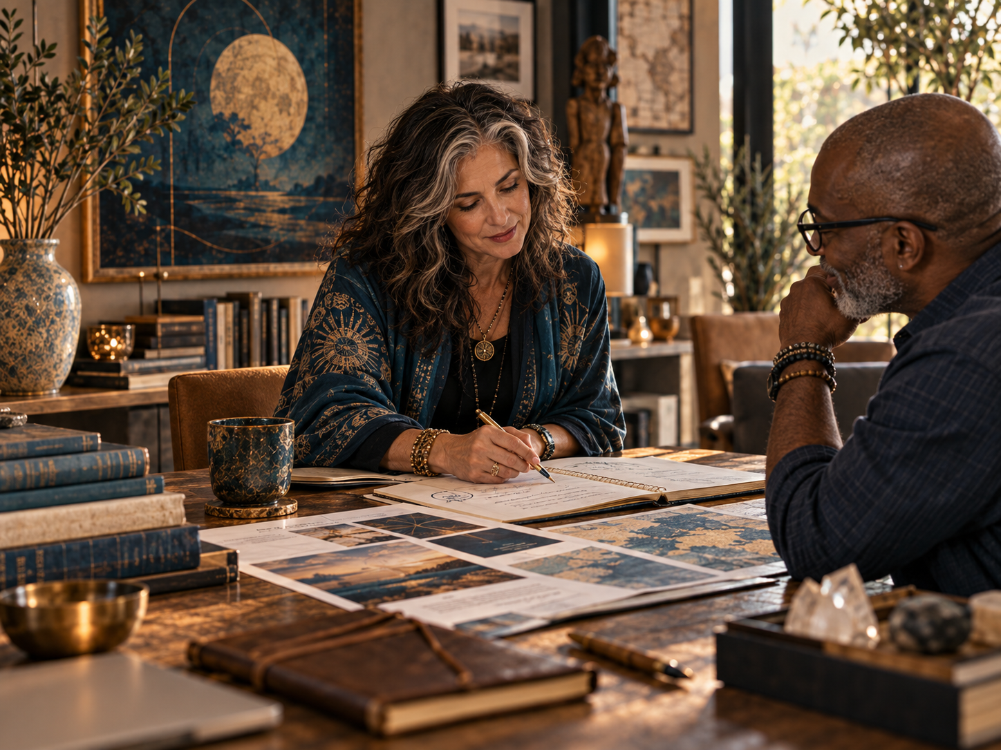 Renee Blodgett working through a client’s message and positioning across a desk of notes and mood boards