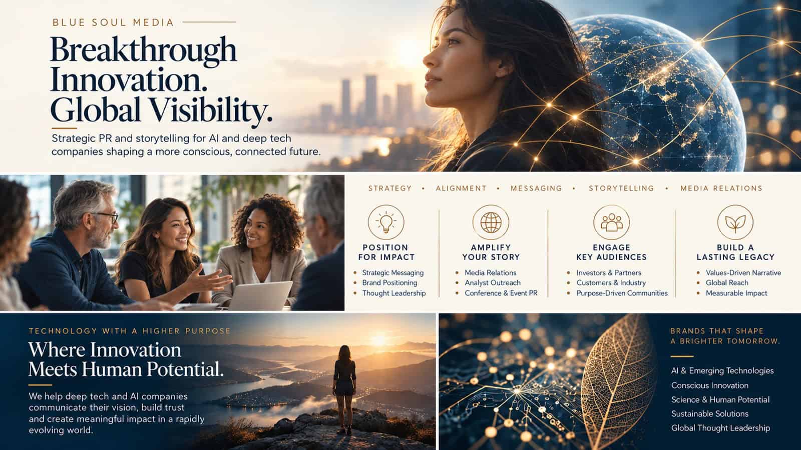 Breakthrough innovation, global visibility. Strategic PR and storytelling for AI and deep tech companies shaping a more conscious, connected future.