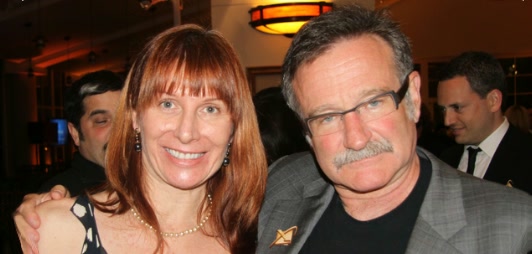 Renee Blodgett with Robin Williams at the Willow Garage PR2 robot launch party.